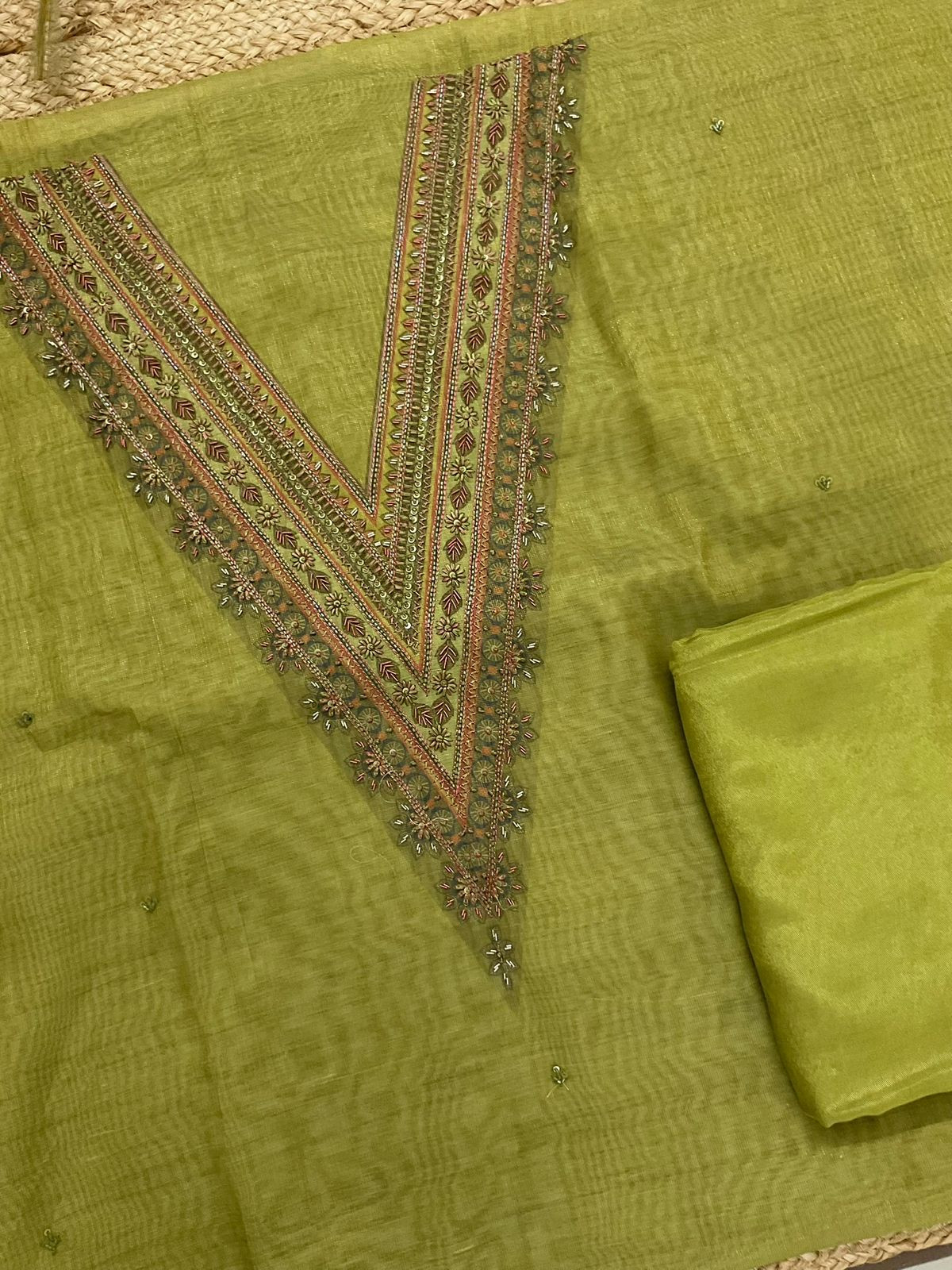 Soft Tissue Slub Cotton Printed Embroidered Suit - Green