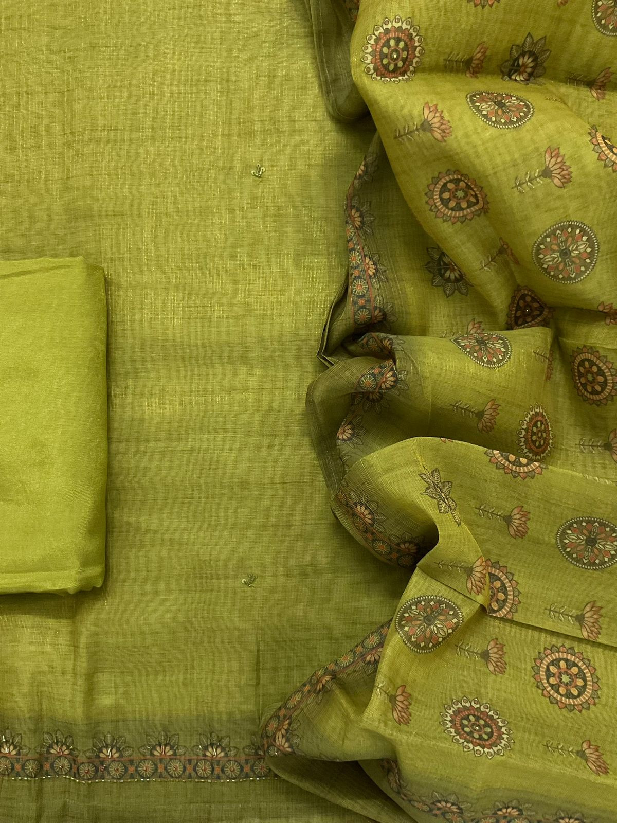 Soft Tissue Slub Cotton Printed Embroidered Suit - Green