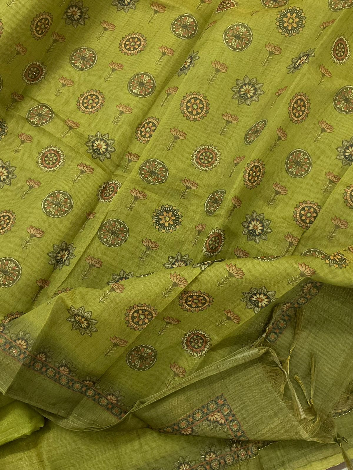 Soft Tissue Slub Cotton Printed Embroidered Suit - Green