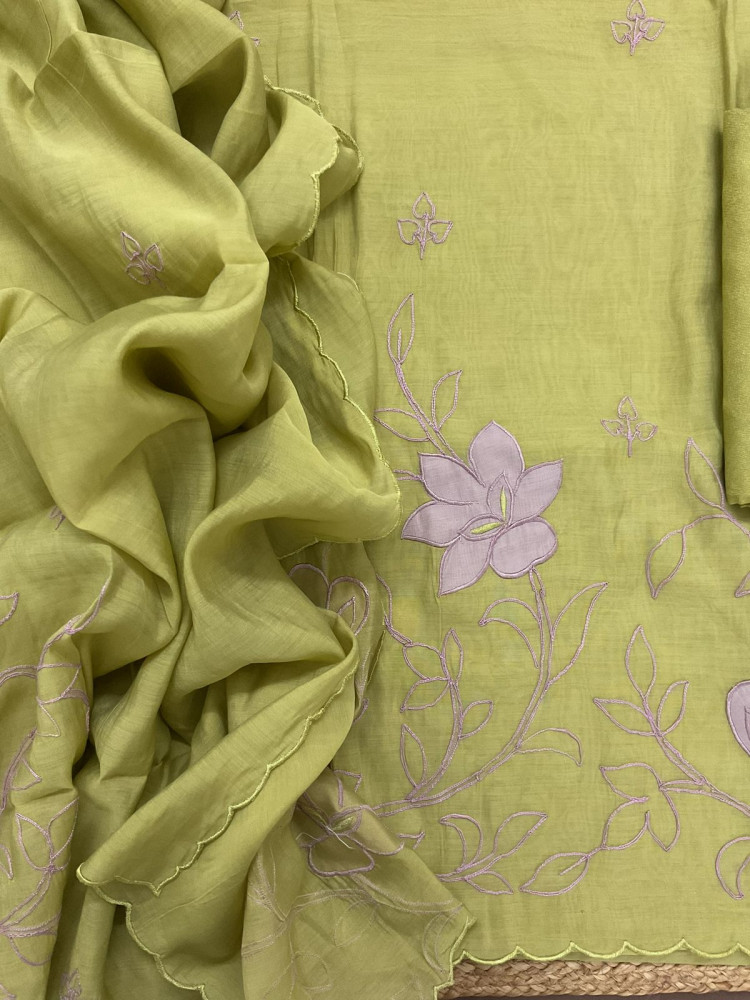 Image of Pure Muslin Embroidered Suit - Green