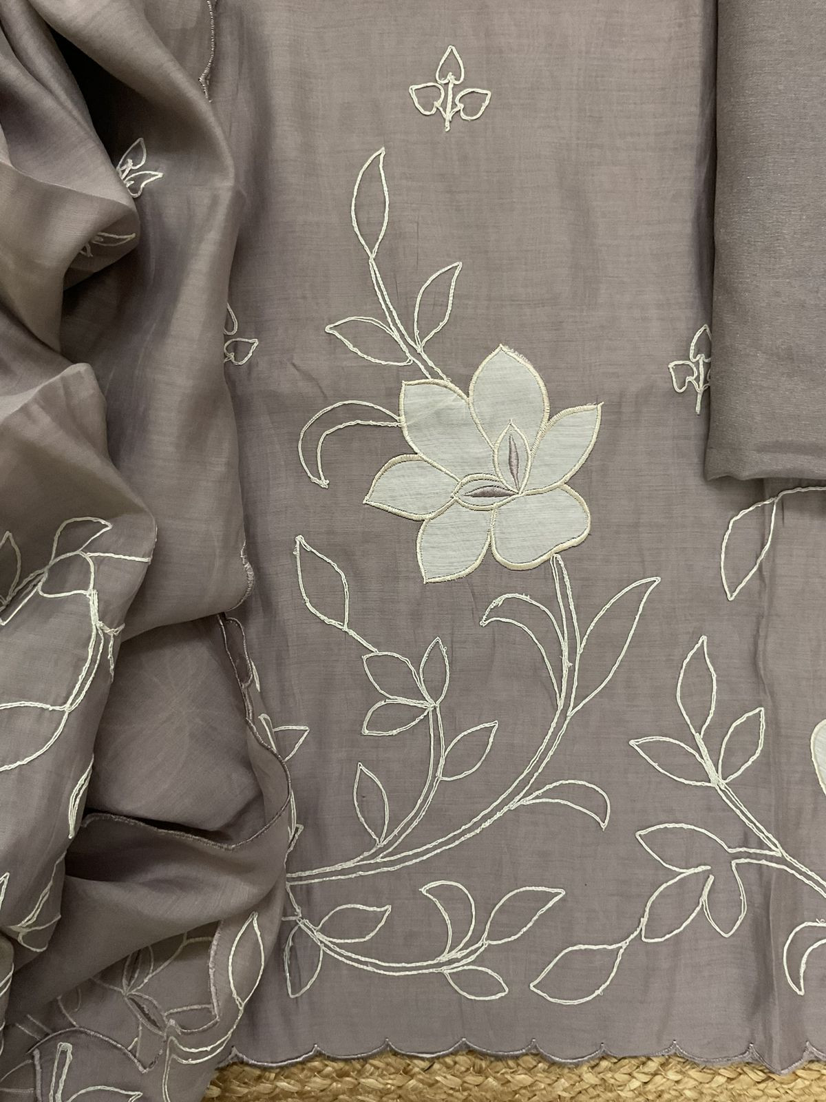 Pure Muslin Embroidered Suit - Greyish Beige