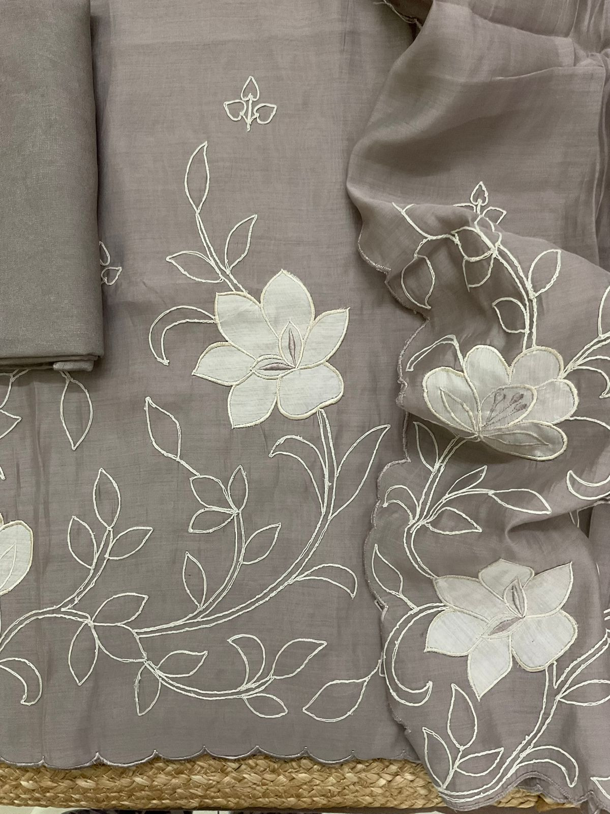 Pure Muslin Embroidered Suit - Greyish Beige