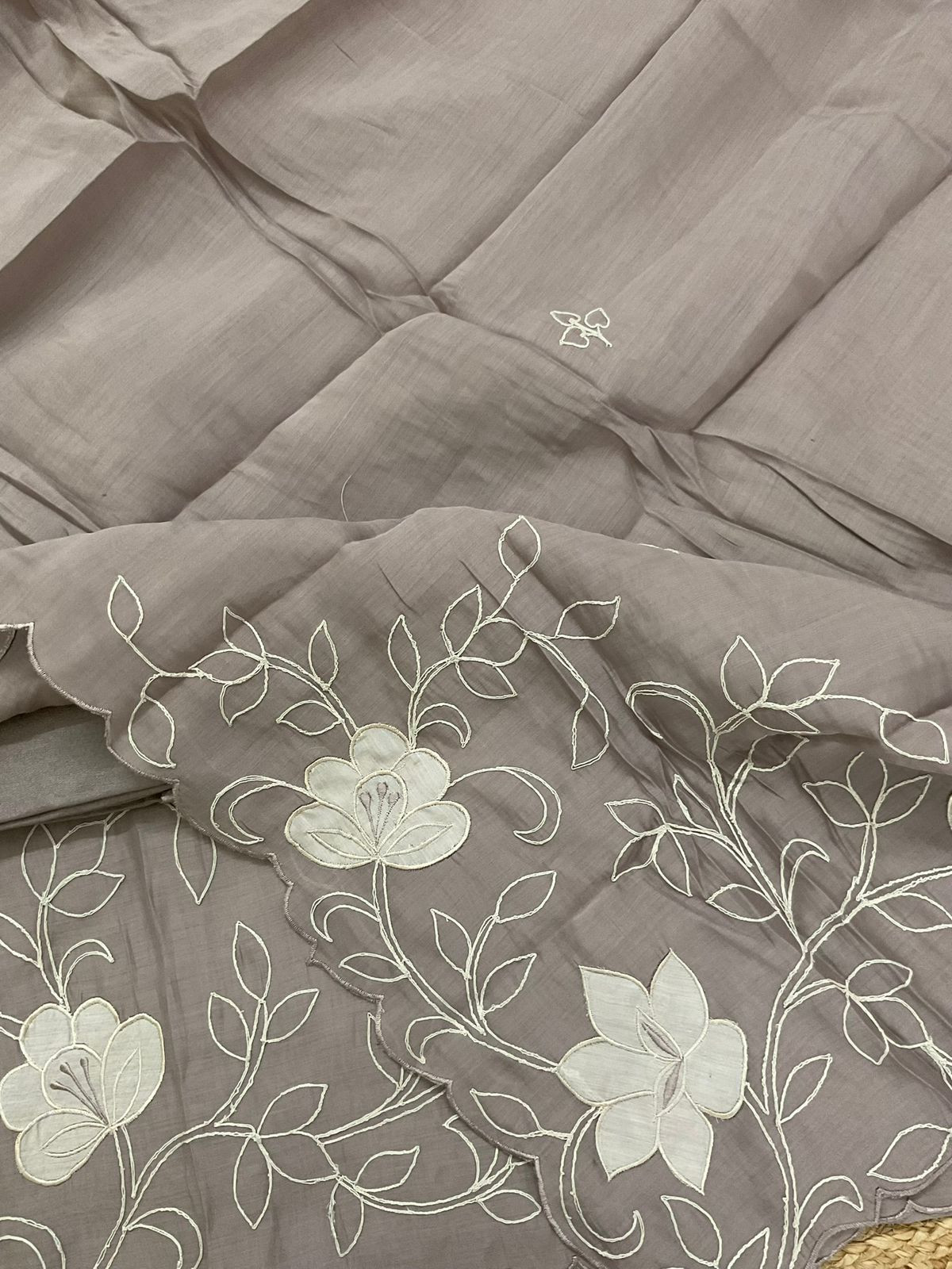 Pure Muslin Embroidered Suit - Greyish Beige