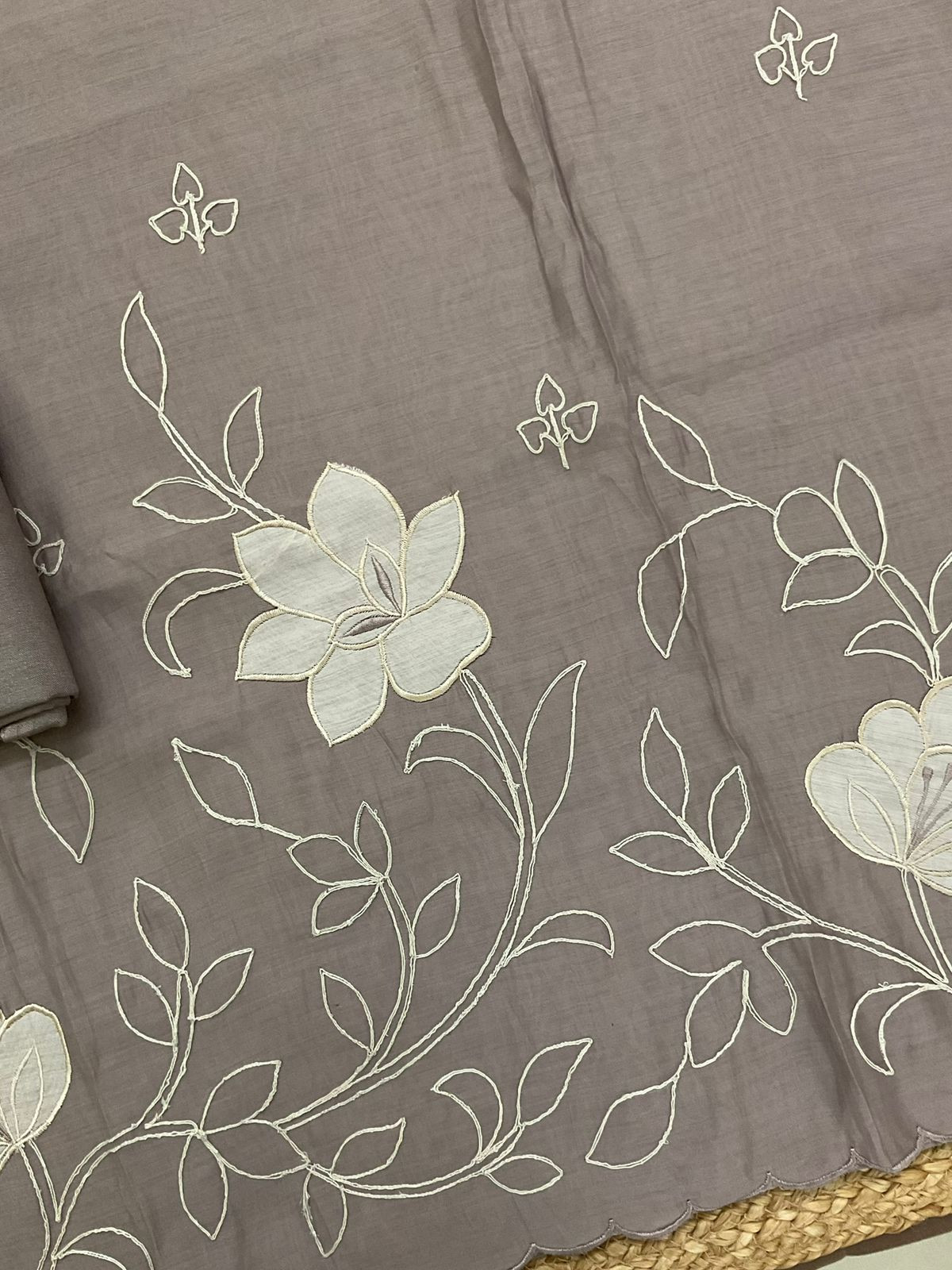 Pure Muslin Embroidered Suit - Greyish Beige