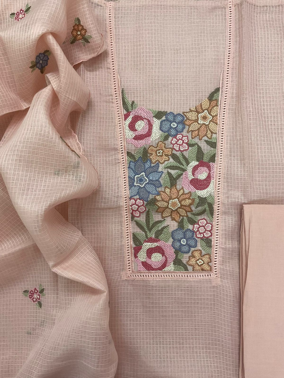 Soft Kota Silk Embroidered Suit - Peach