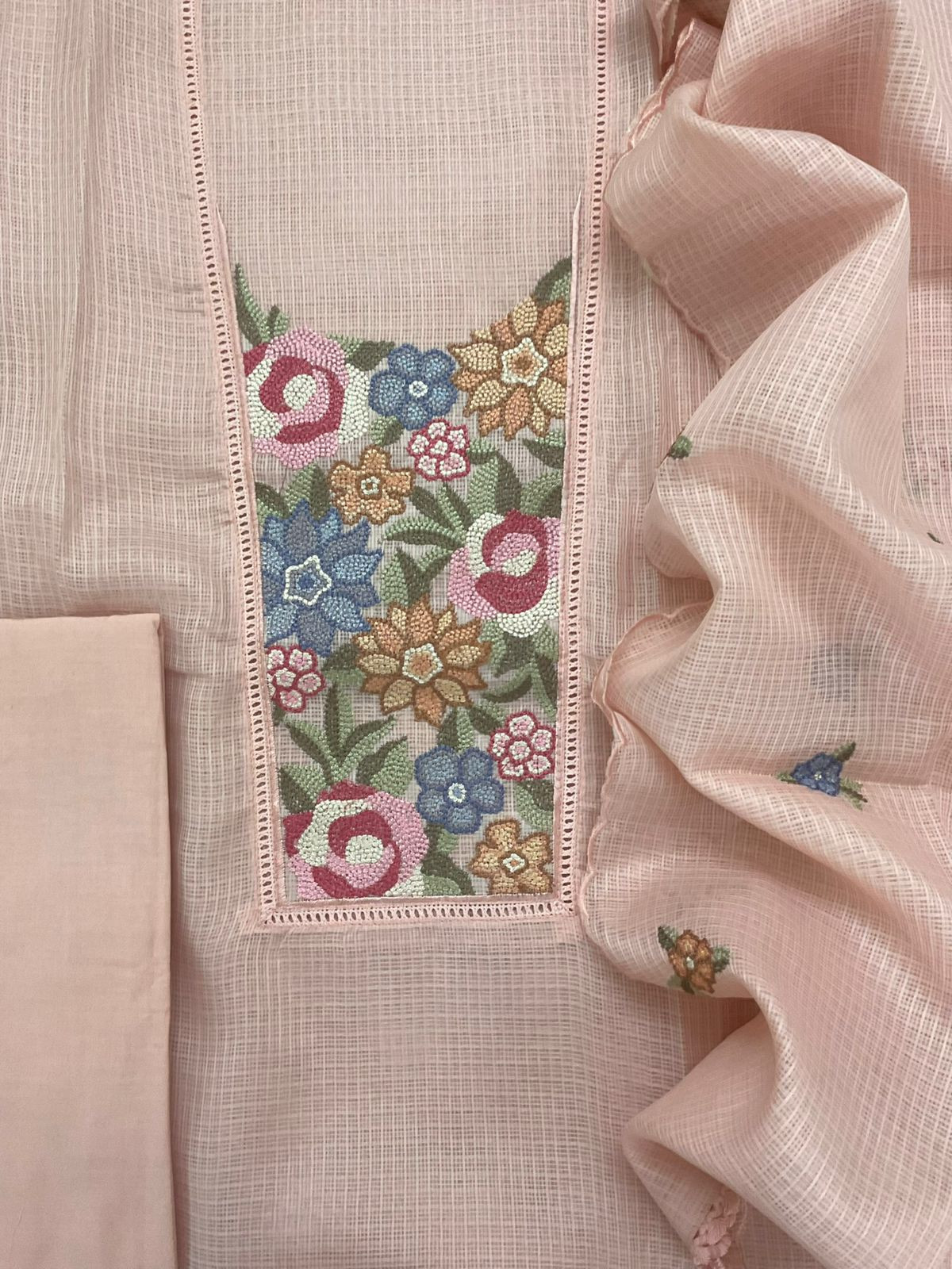 Soft Kota Silk Embroidered Suit - Peach