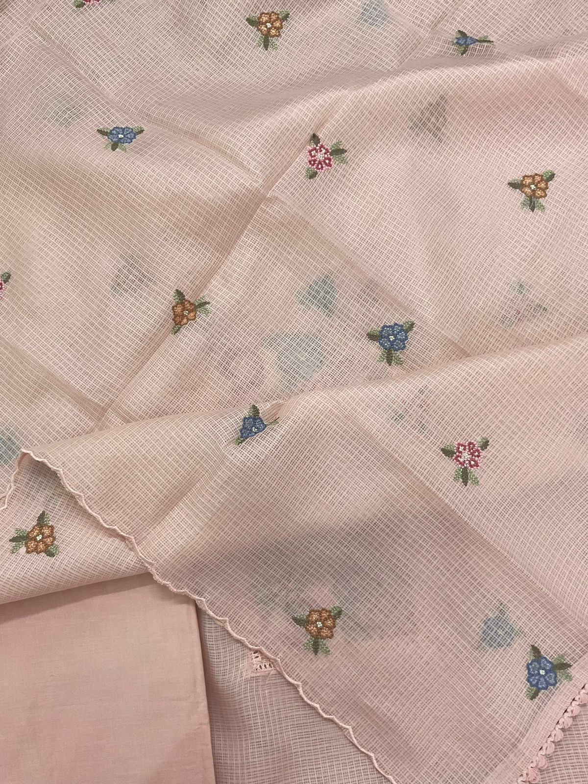 Soft Kota Silk Embroidered Suit - Peach