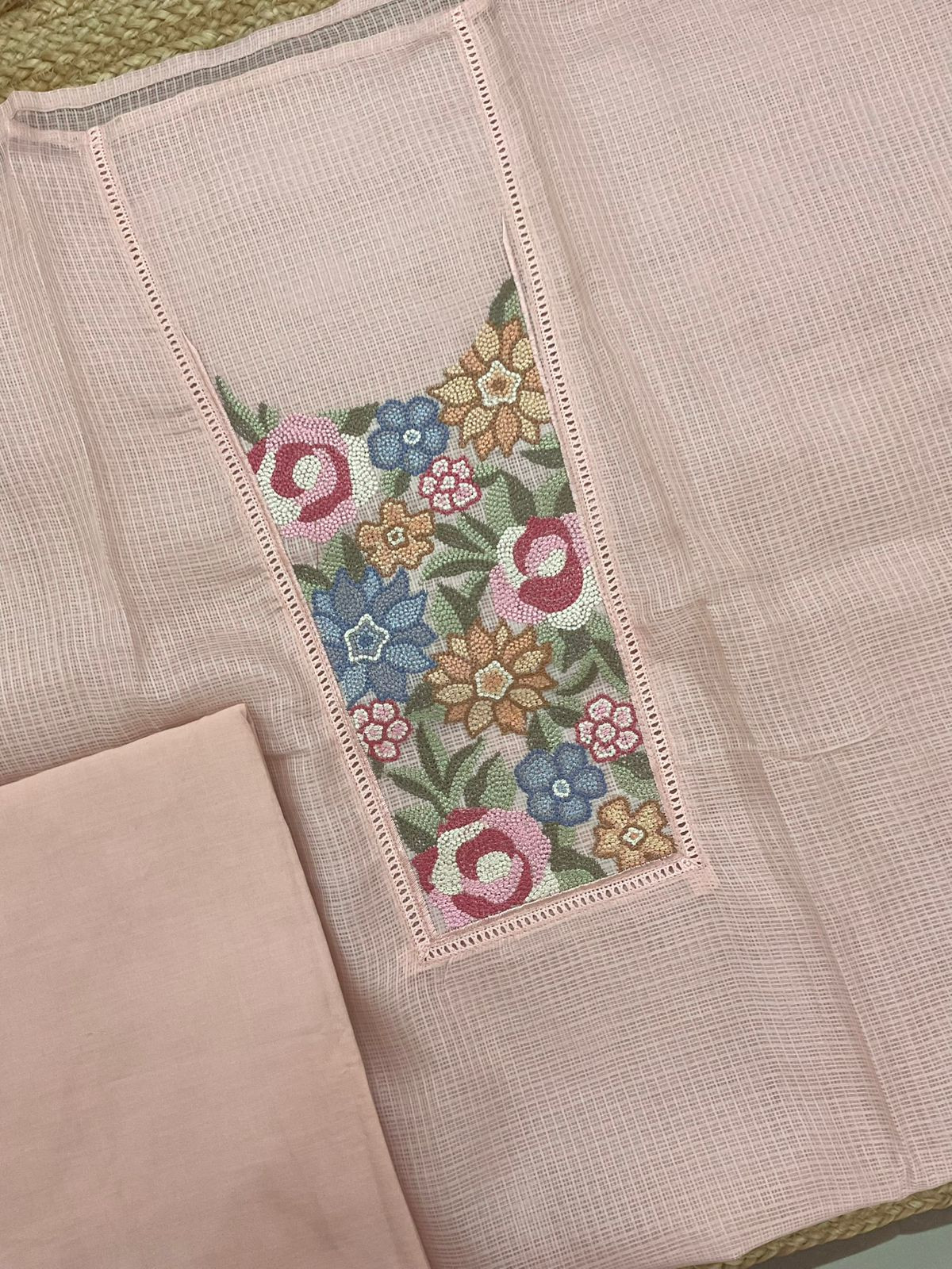 Soft Kota Silk Embroidered Suit - Peach