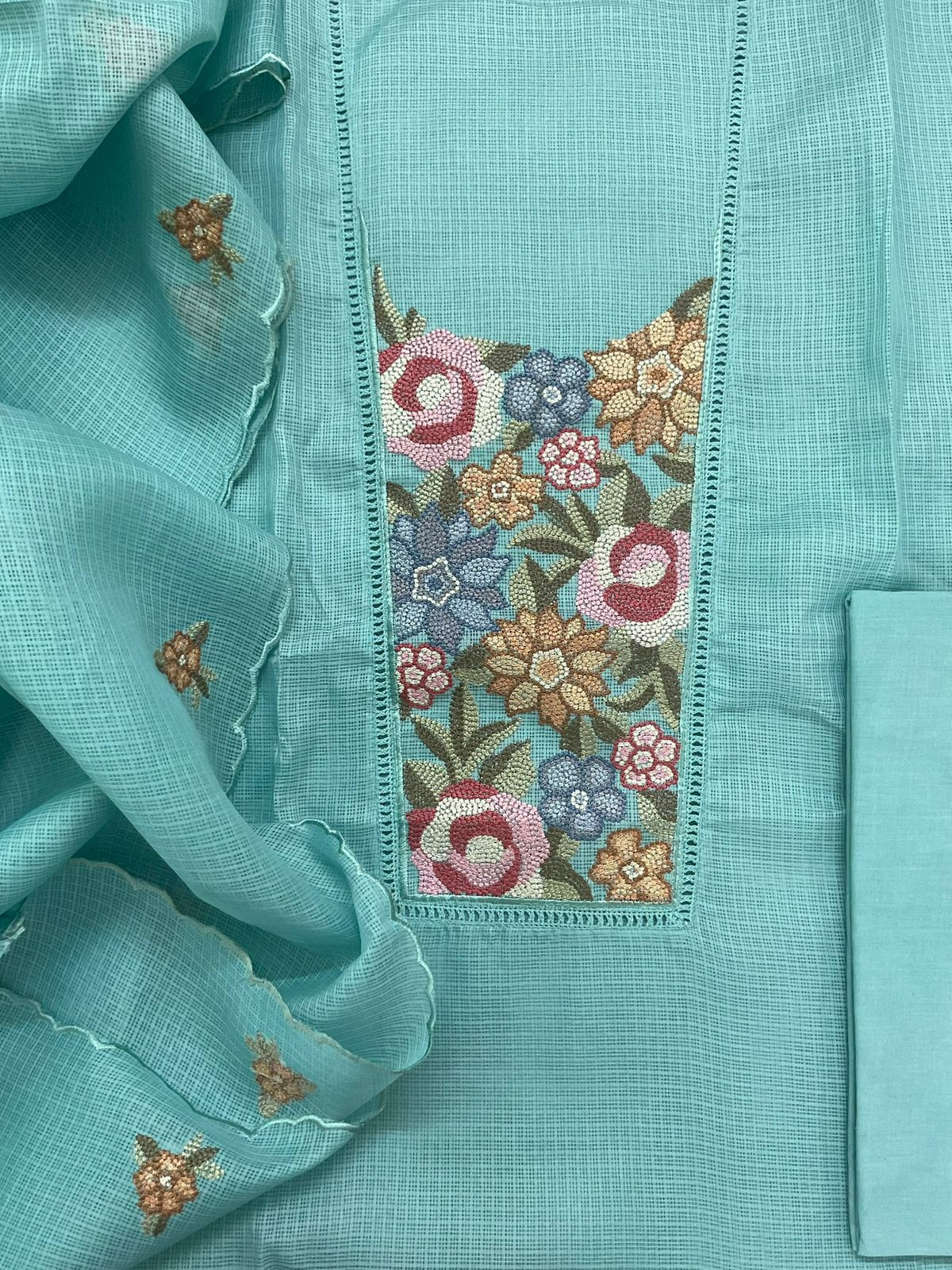 Soft Kota Silk Embroidered Suit - Blue