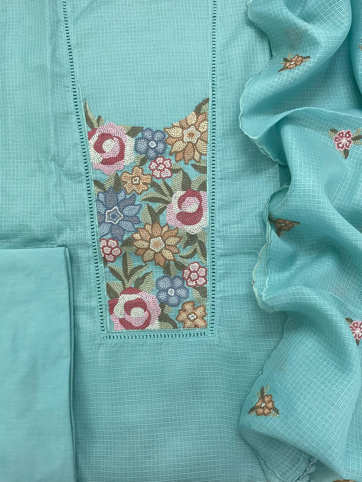 Soft Kota Silk Embroidered Suit - Blue