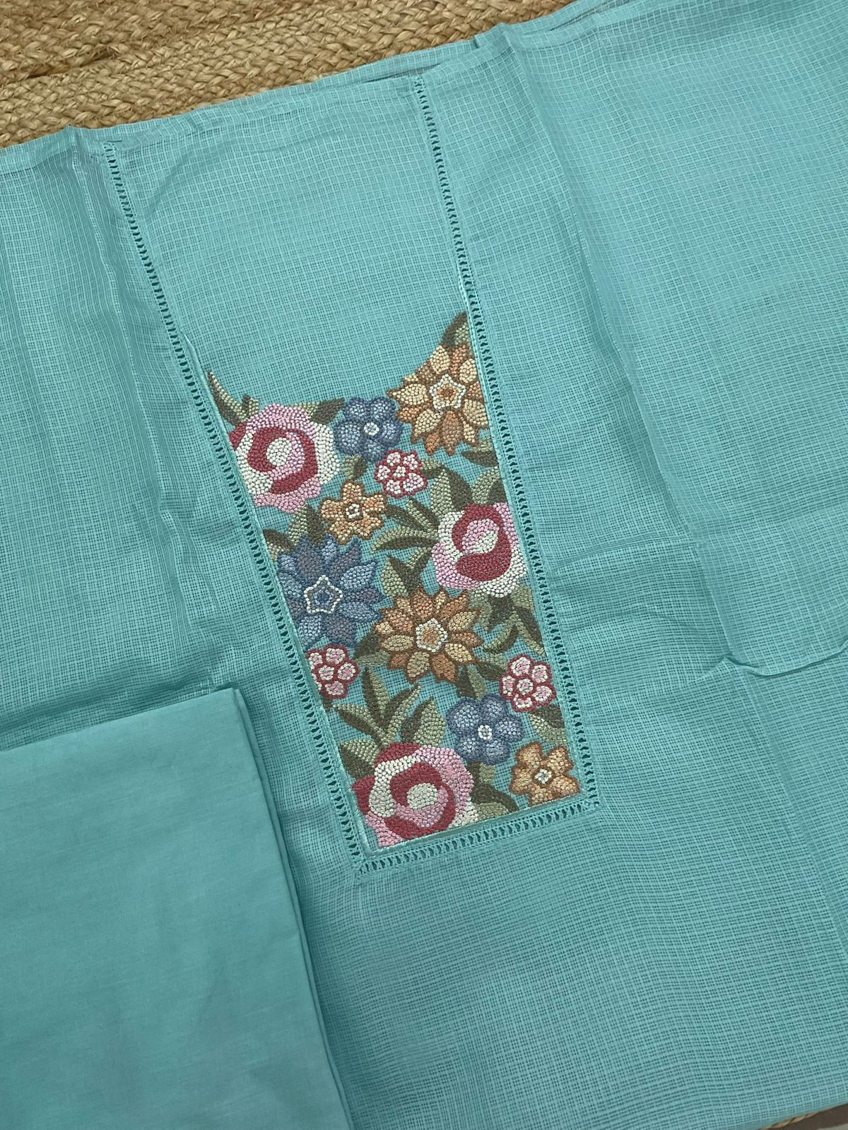 Soft Kota Silk Embroidered Suit - Blue