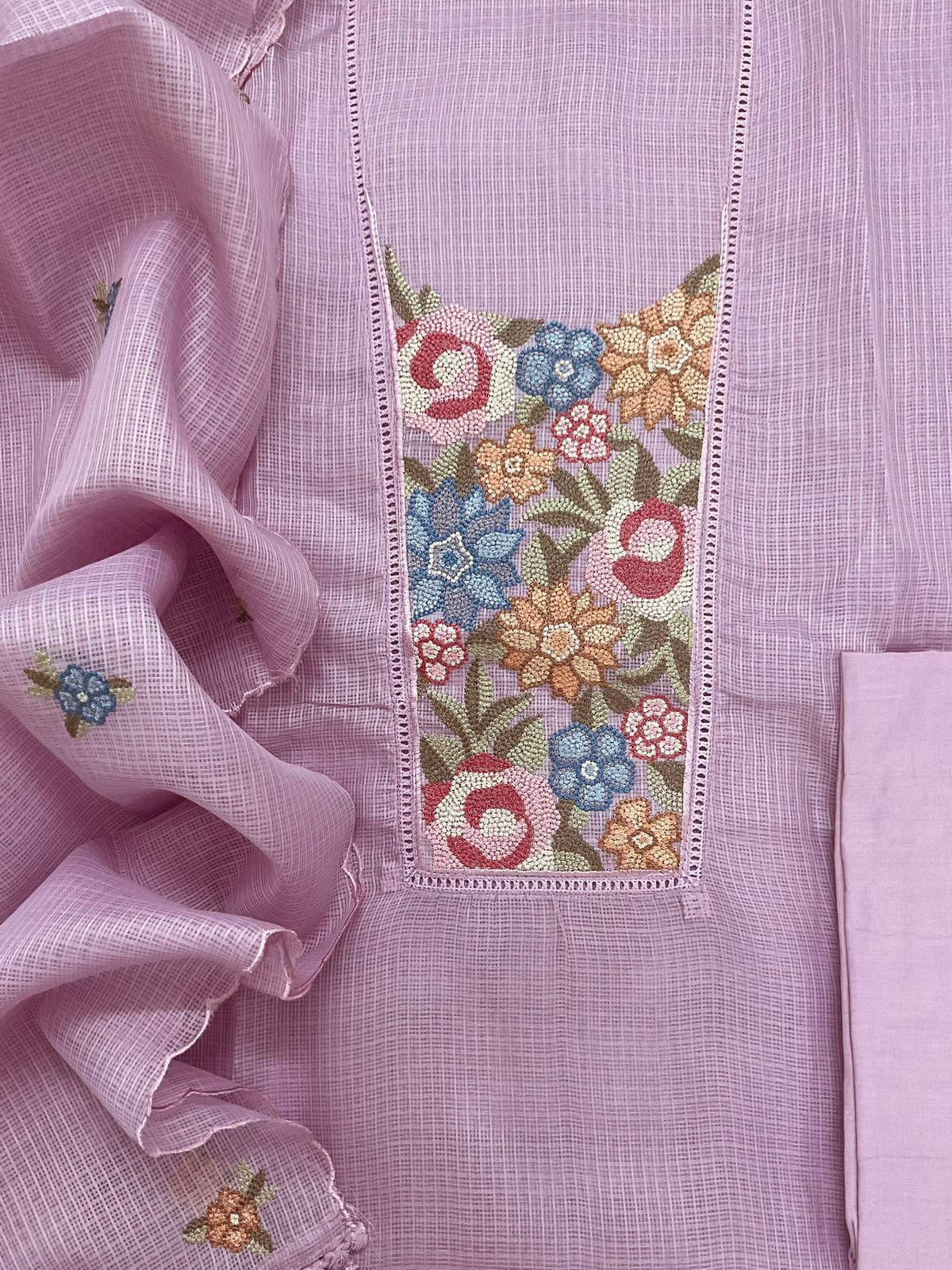 Soft Kota Silk Embroidered Suit - Lavender