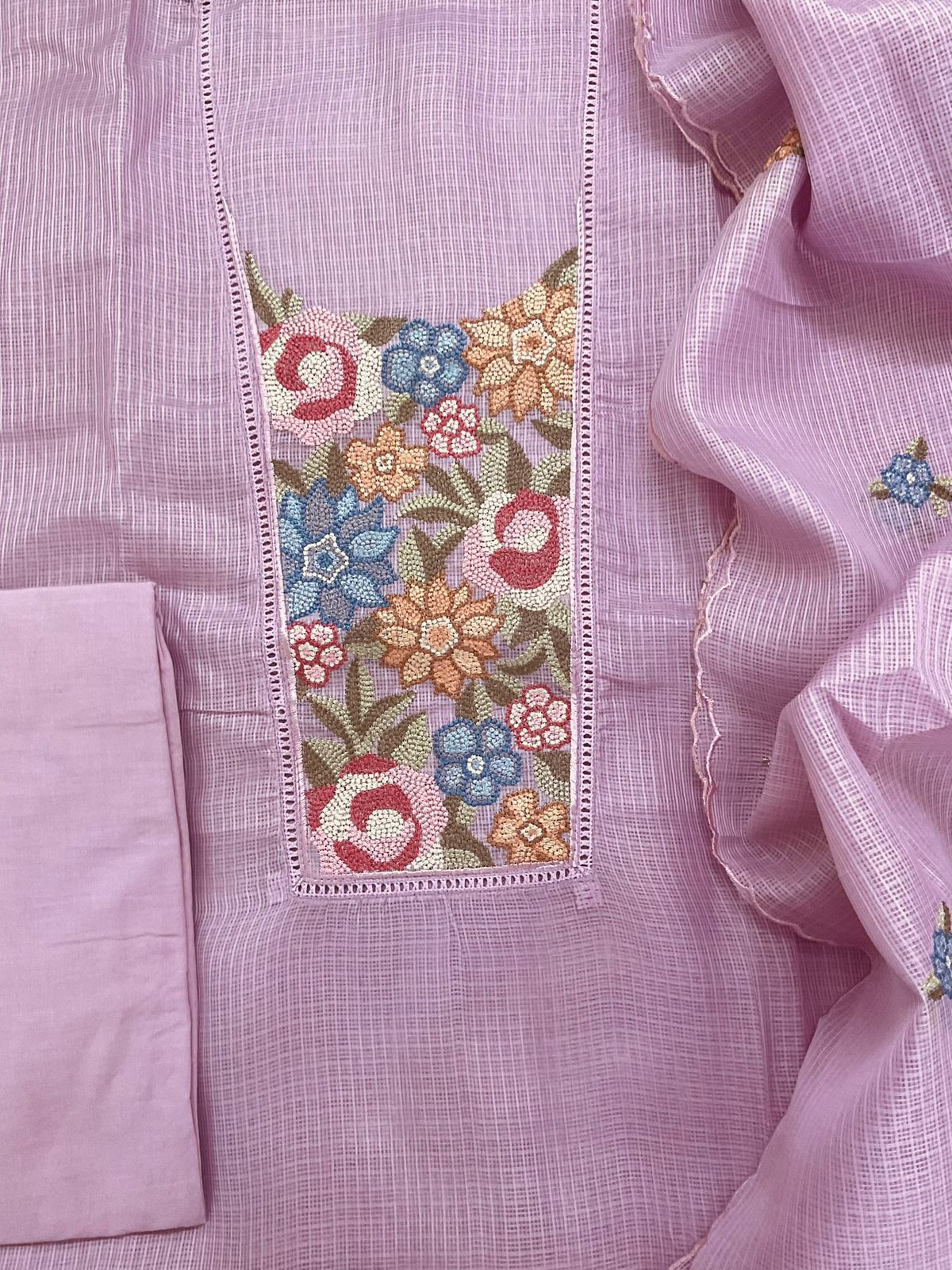 Soft Kota Silk Embroidered Suit - Lavender