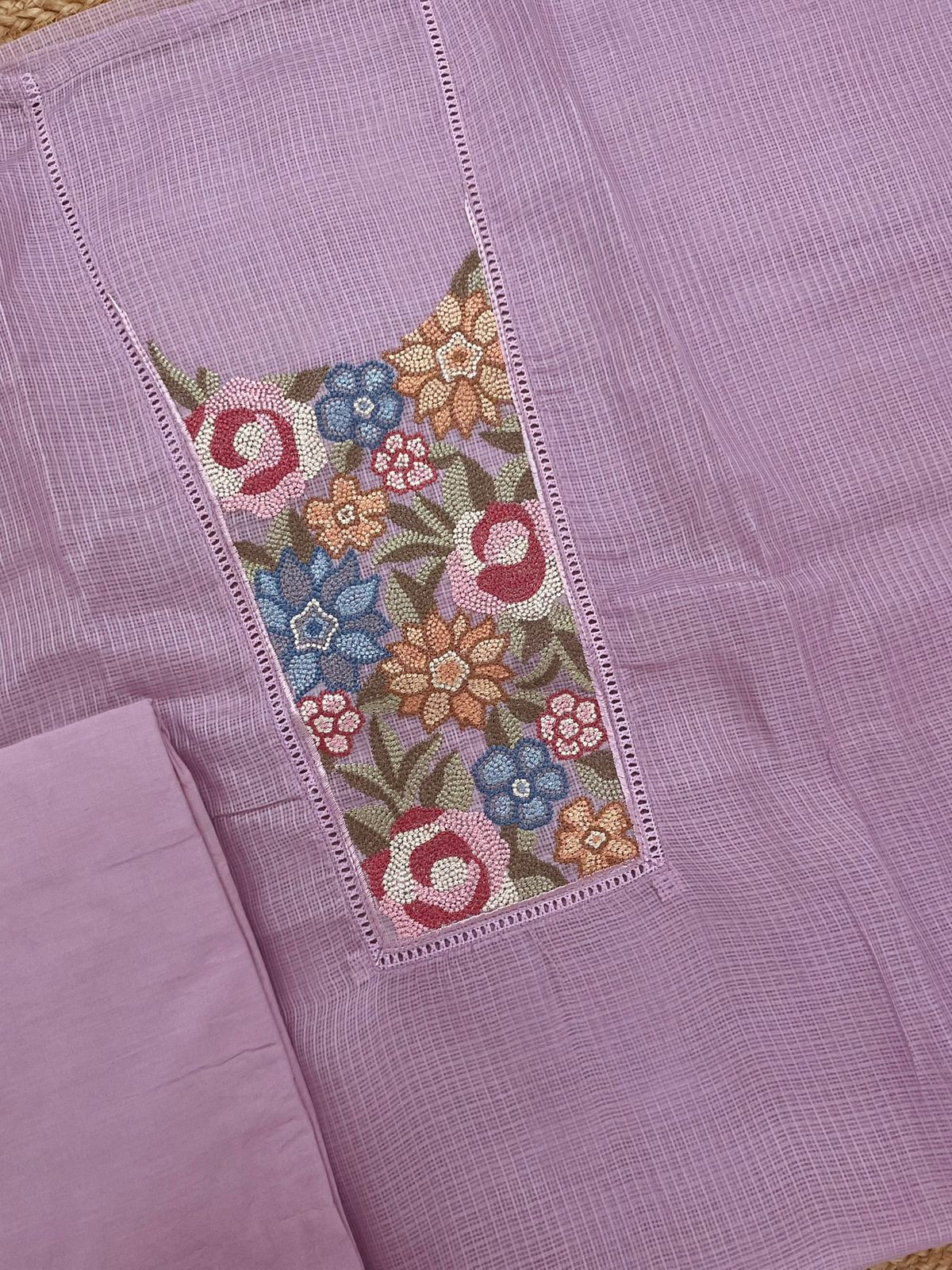 Soft Kota Silk Embroidered Suit - Lavender