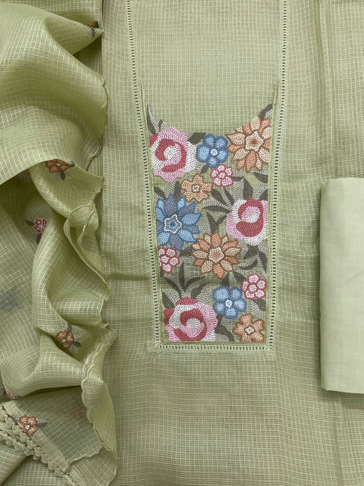 Image of Soft Kota Silk Embroidered Suit - Green