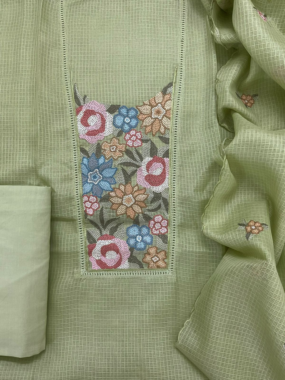 Soft Kota Silk Embroidered Suit - Green