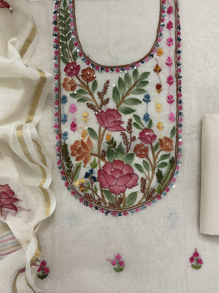 Image of Soft Chanderi Brush Painted Embroidered Suit - Off White