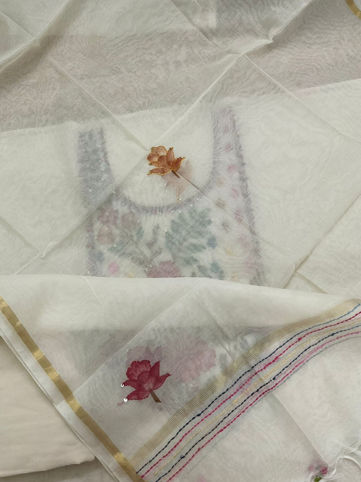 Soft Chanderi Brush Painted Embroidered Suit - Off White