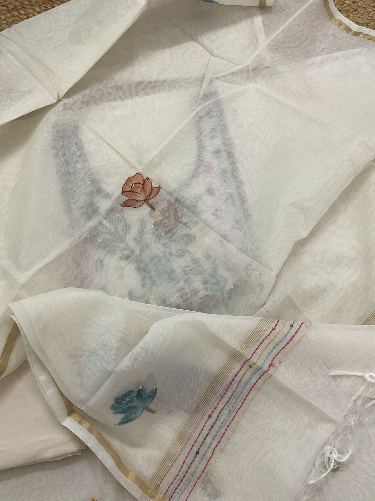 Soft Chanderi Brush Painted Embroidered Suit - Off White