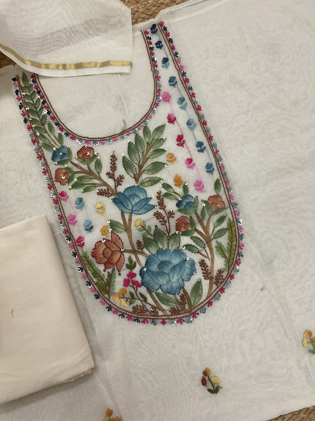 Soft Chanderi Brush Painted Embroidered Suit - Off White