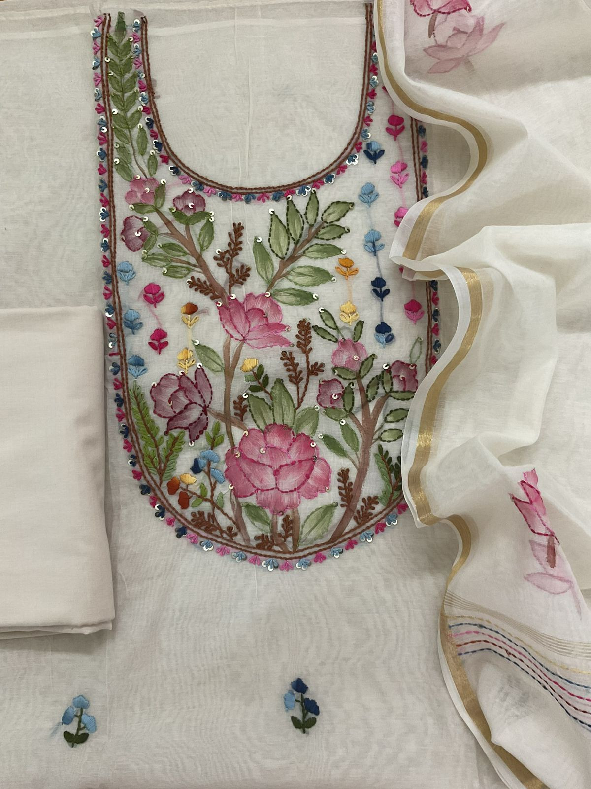 Soft Chanderi Brush Painted Embroidered Suit - Off White