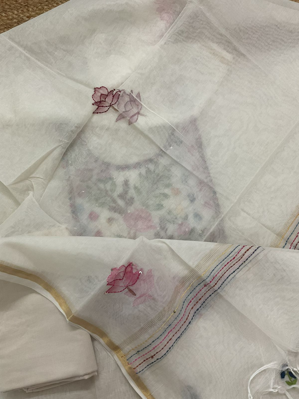 Soft Chanderi Brush Painted Embroidered Suit - Off White