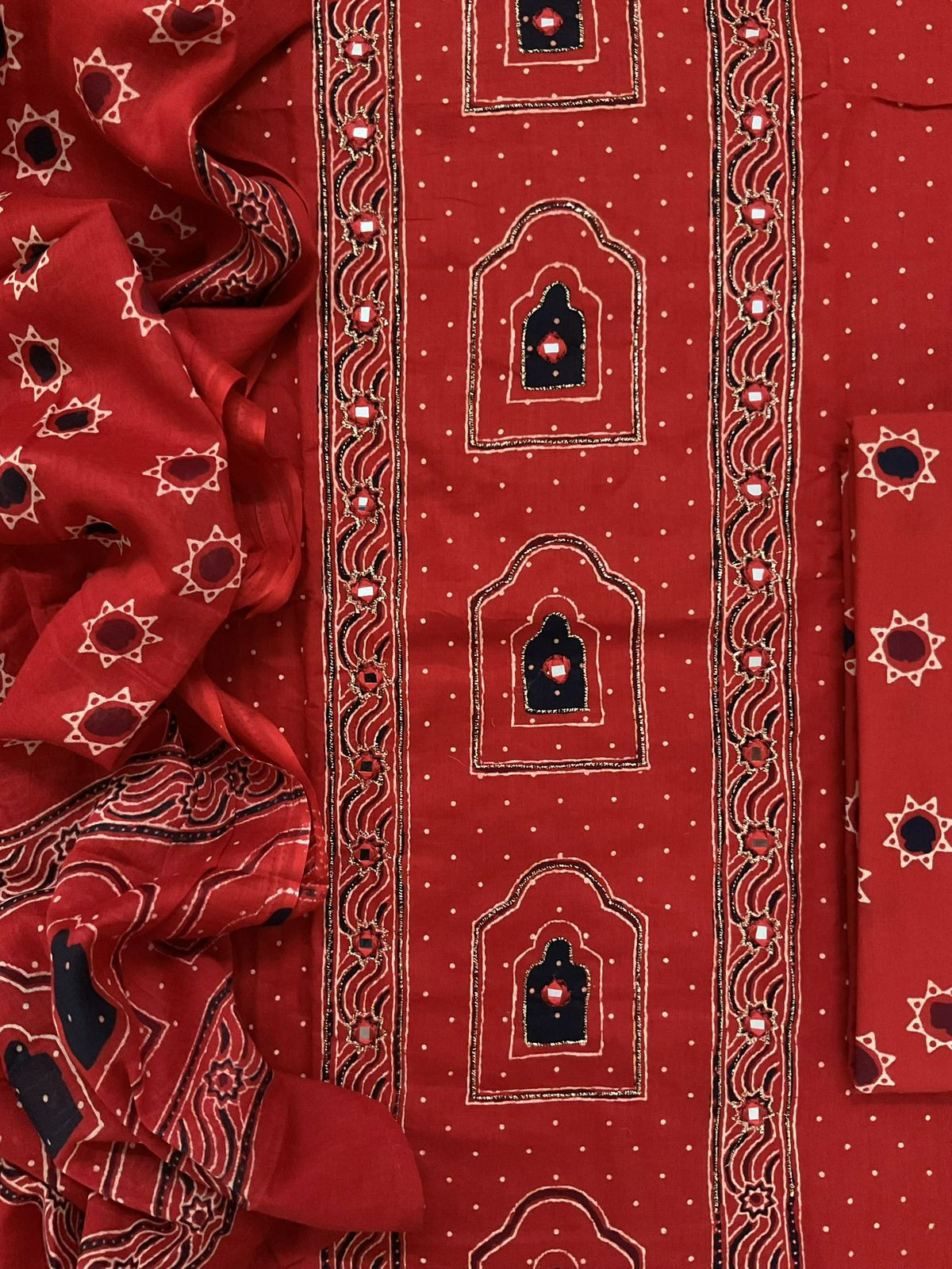 Pure Cotton Printed Embroidered Suit - Red