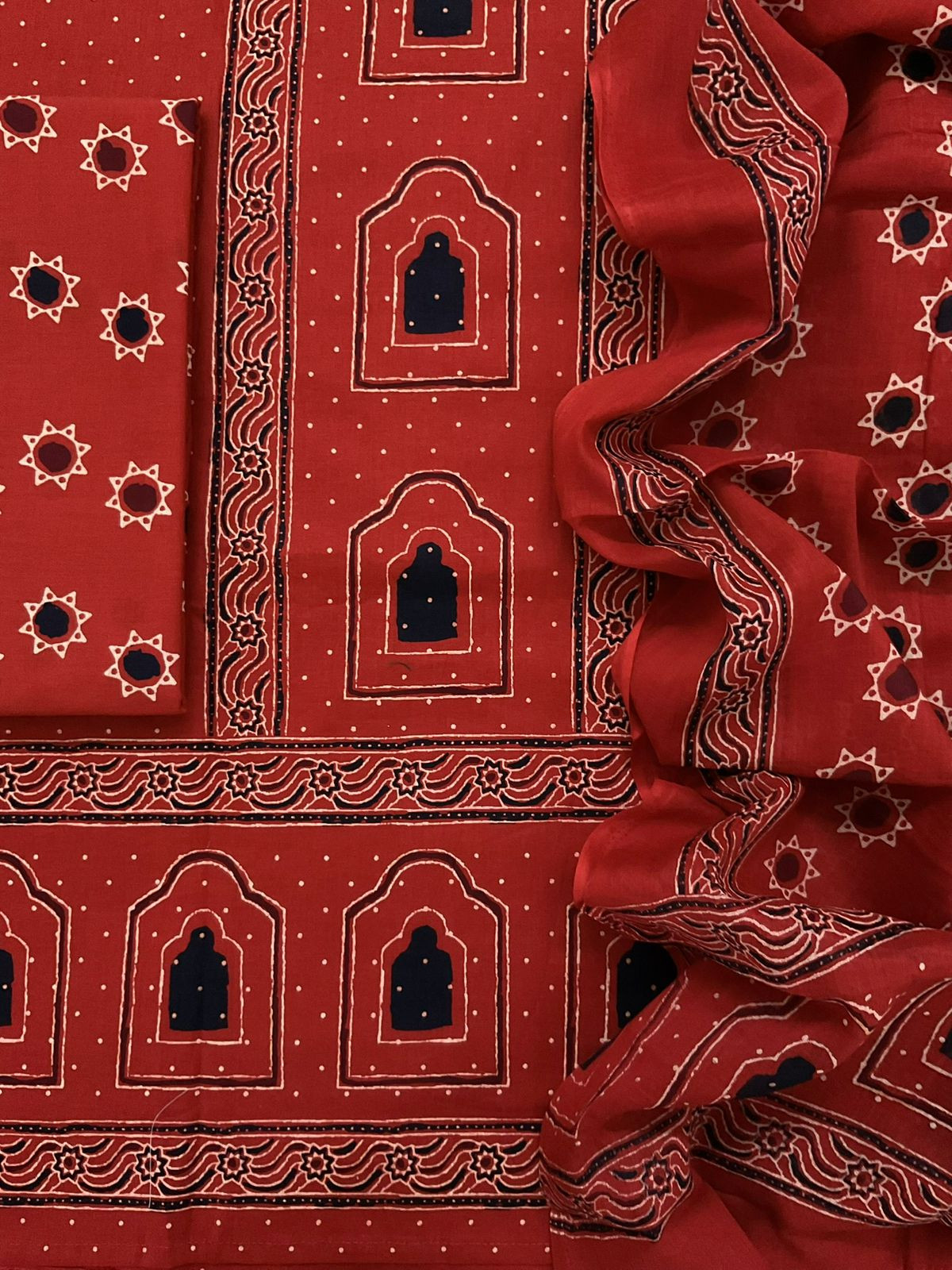 Pure Cotton Printed Embroidered Suit - Red