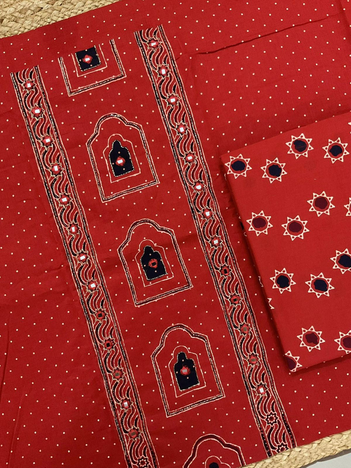 Pure Cotton Printed Embroidered Suit - Red