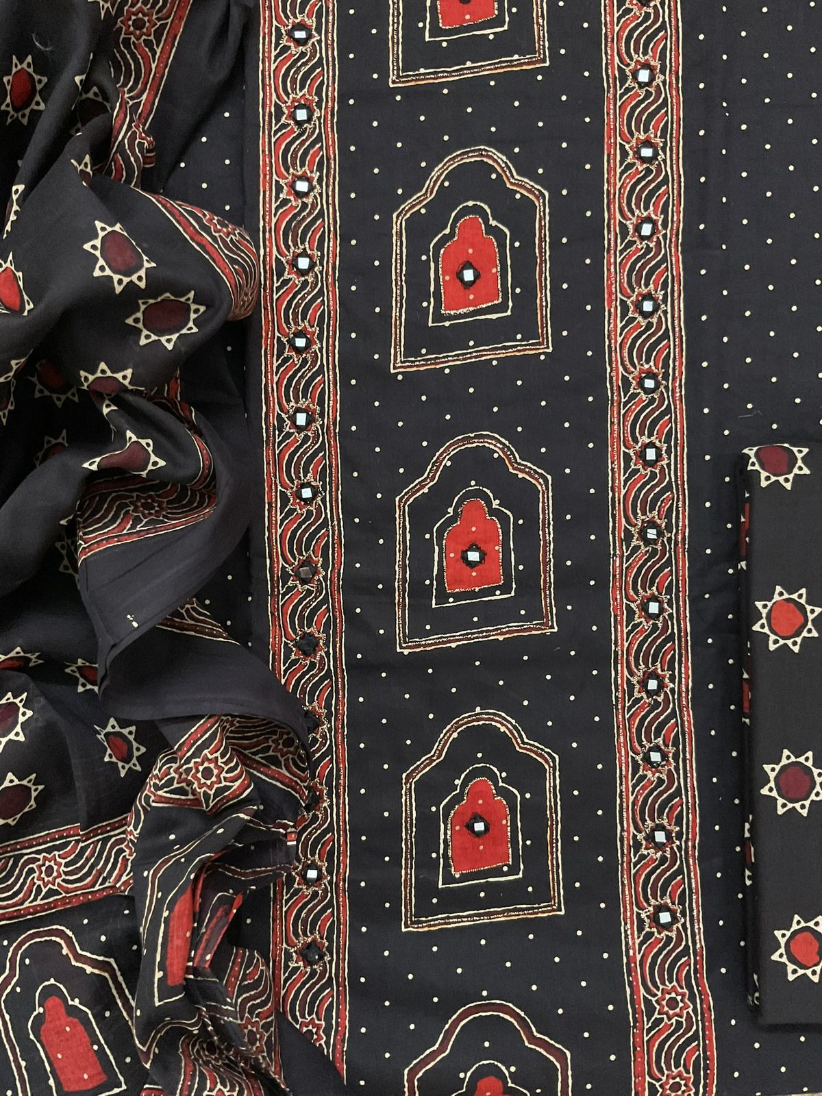 Pure Cotton Printed Embroidered Suit - Black