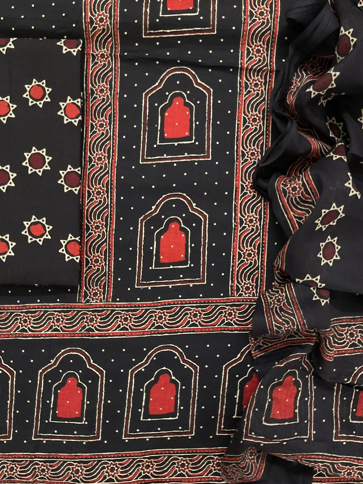 Pure Cotton Printed Embroidered Suit - Black