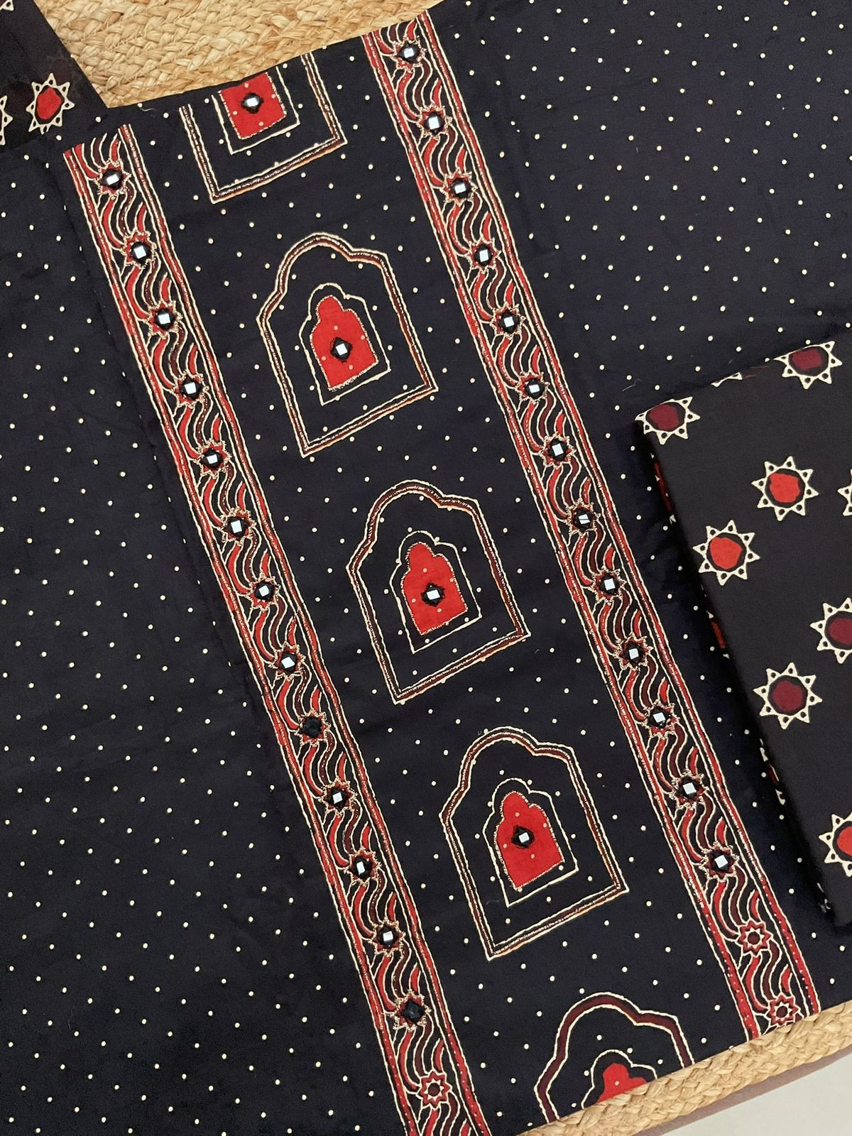 Pure Cotton Printed Embroidered Suit - Black