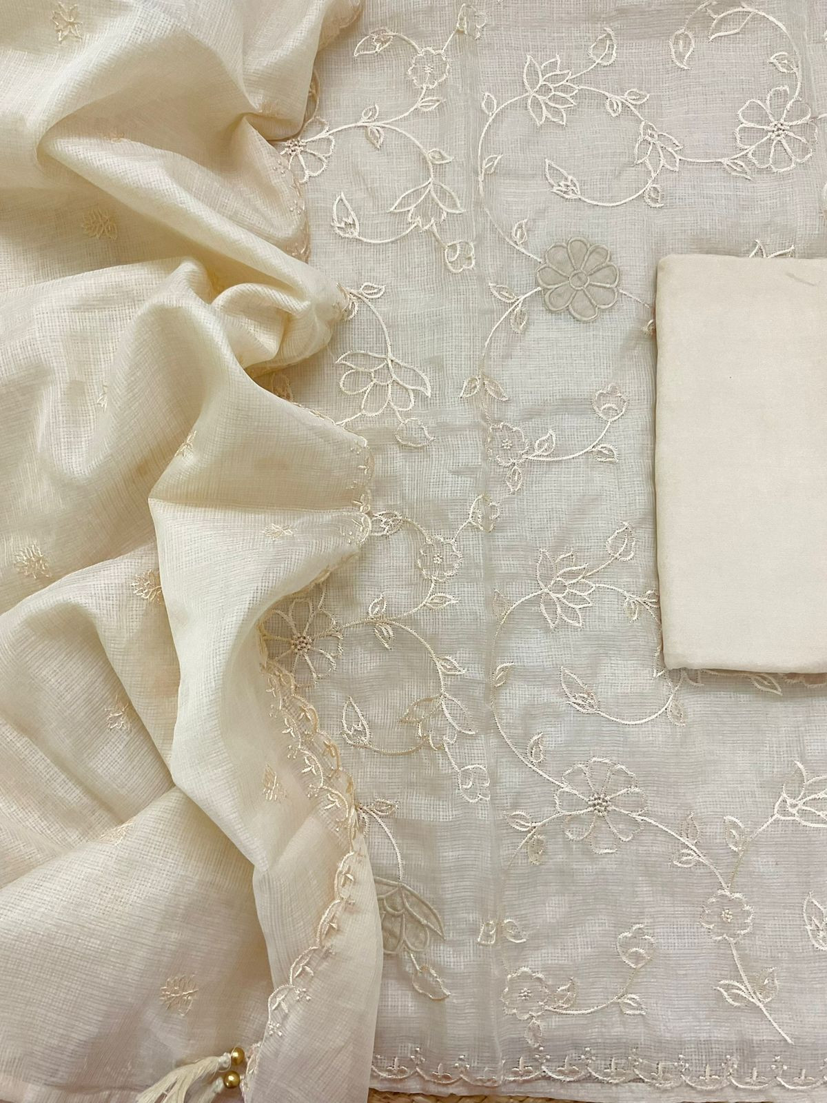 Soft Kota Silk Embroidered Suit - Cream