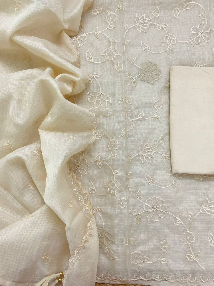 Image of Soft Kota Silk Embroidered Suit - Cream