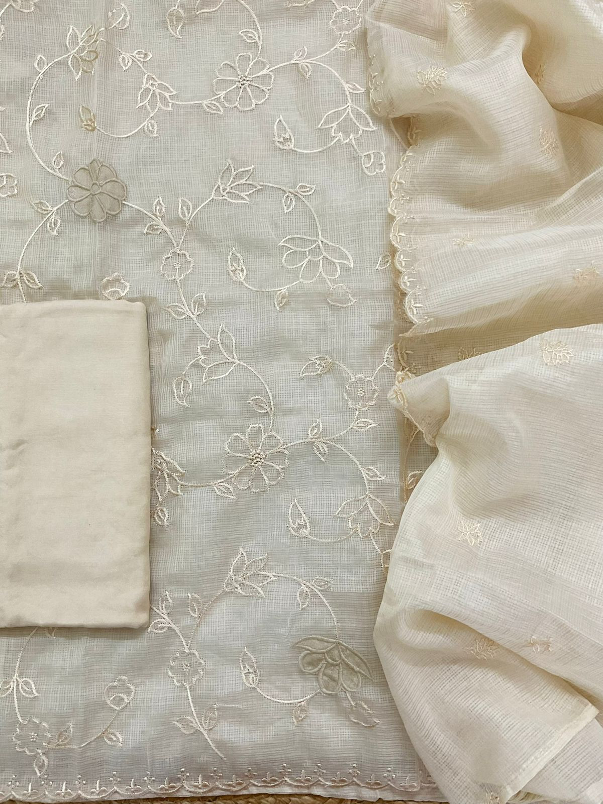 Soft Kota Silk Embroidered Suit - Cream