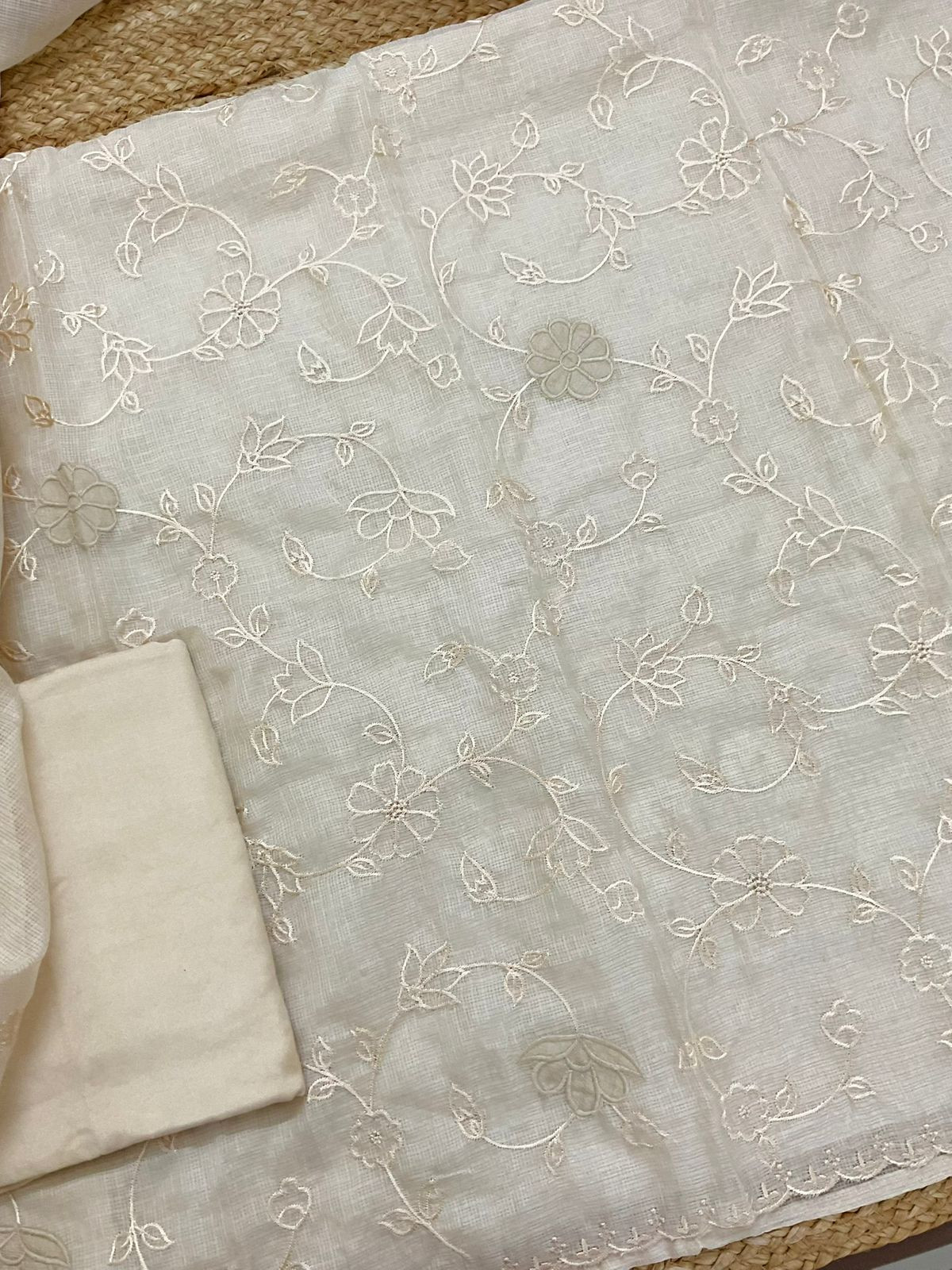 Soft Kota Silk Embroidered Suit - Cream