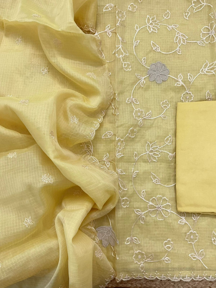 Image of Soft Kota Silk Embroidered Suit - Yellow