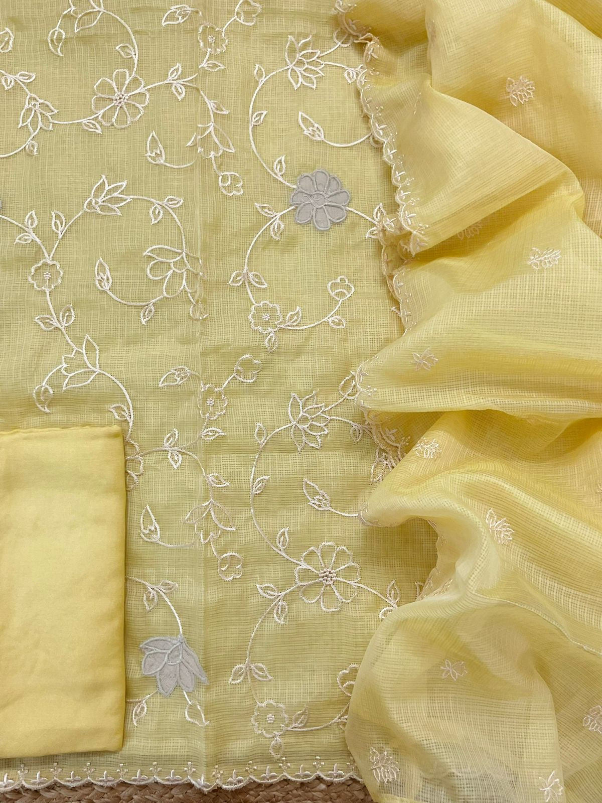 Soft Kota Silk Embroidered Suit - Yellow