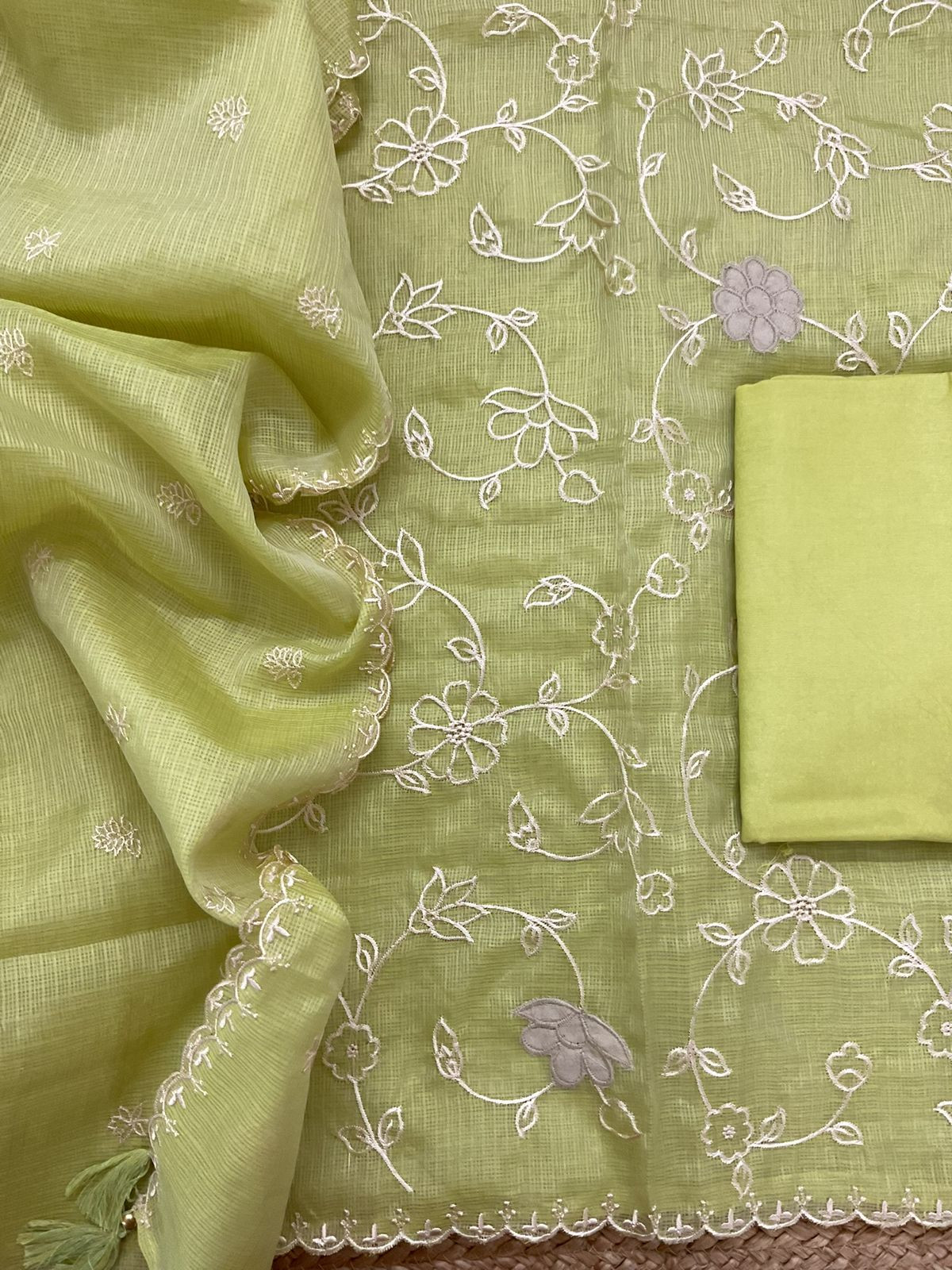 Soft Kota Silk Embroidered Suit - Green