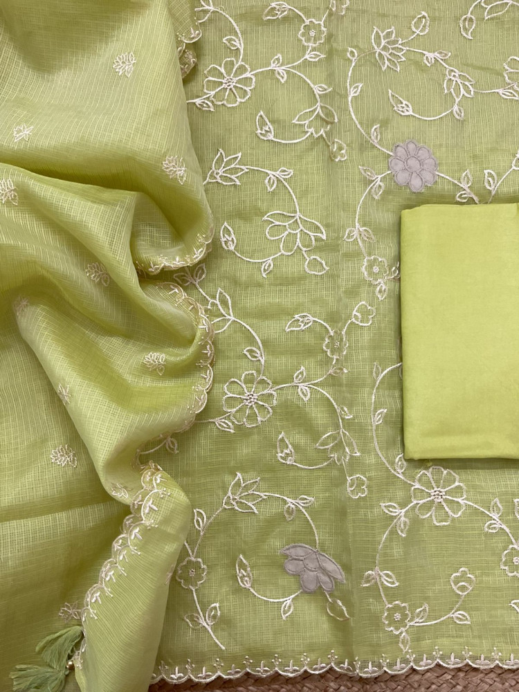 Image of Soft Kota Silk Embroidered Suit - Green