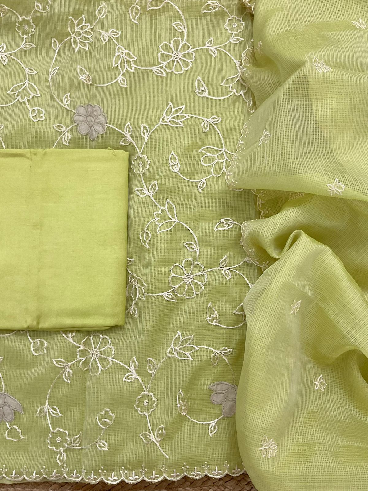 Soft Kota Silk Embroidered Suit - Green