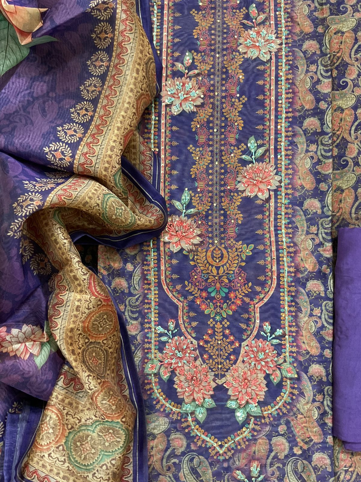Soft Kora Chanderi Printed Embroidered Suit - Purple