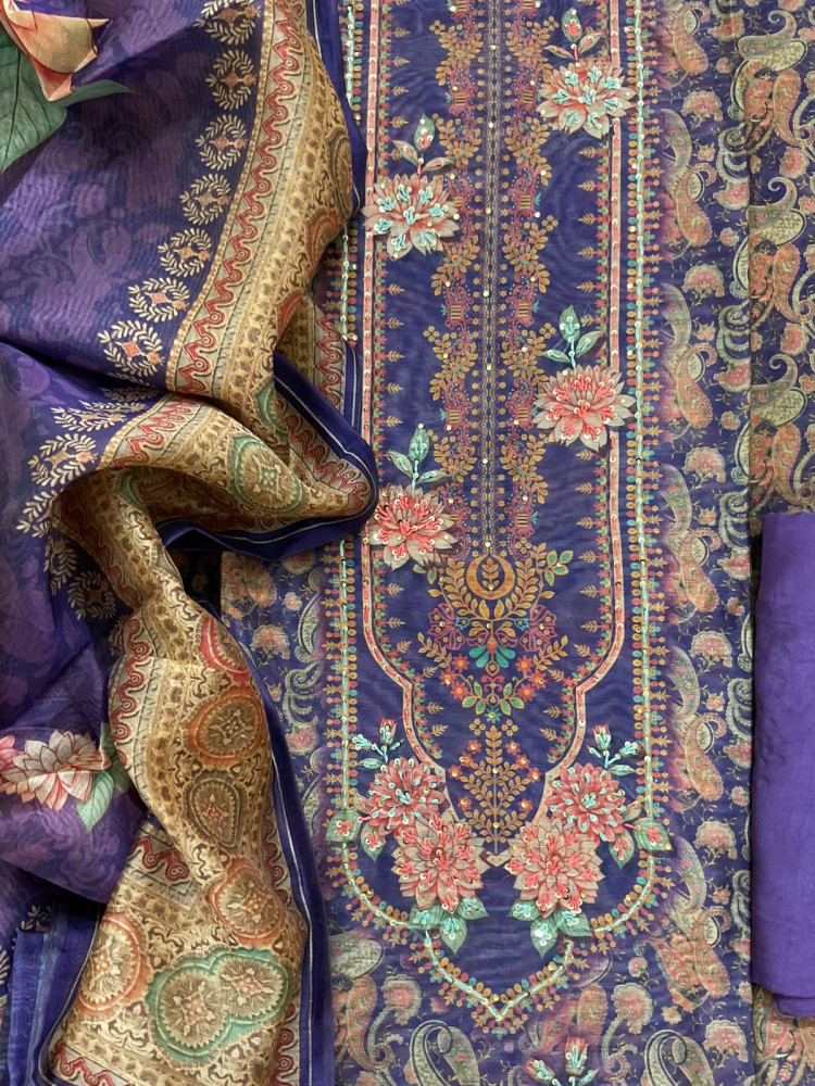 Image of Soft Kora Chanderi Printed Embroidered Suit - Purple