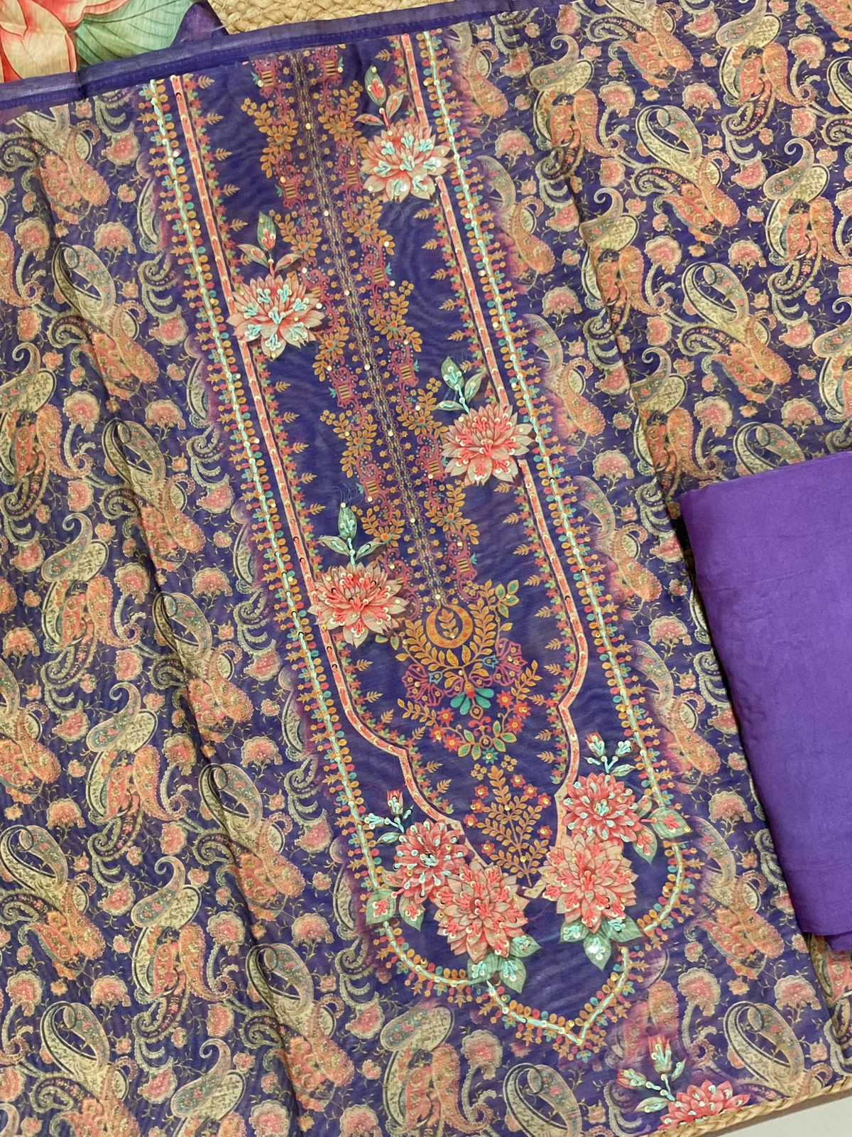 Soft Kora Chanderi Printed Embroidered Suit - Purple