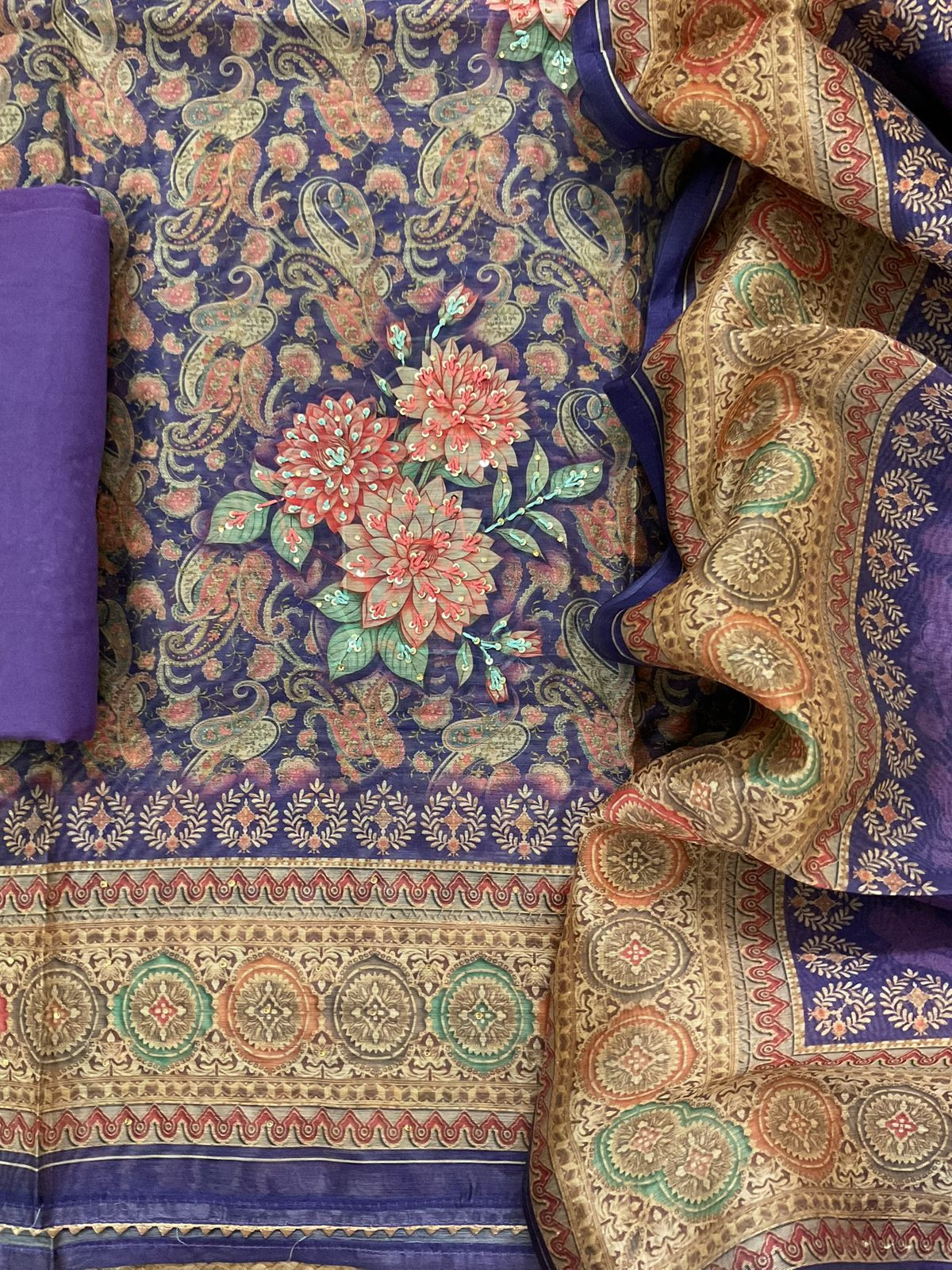 Soft Kora Chanderi Printed Embroidered Suit - Purple
