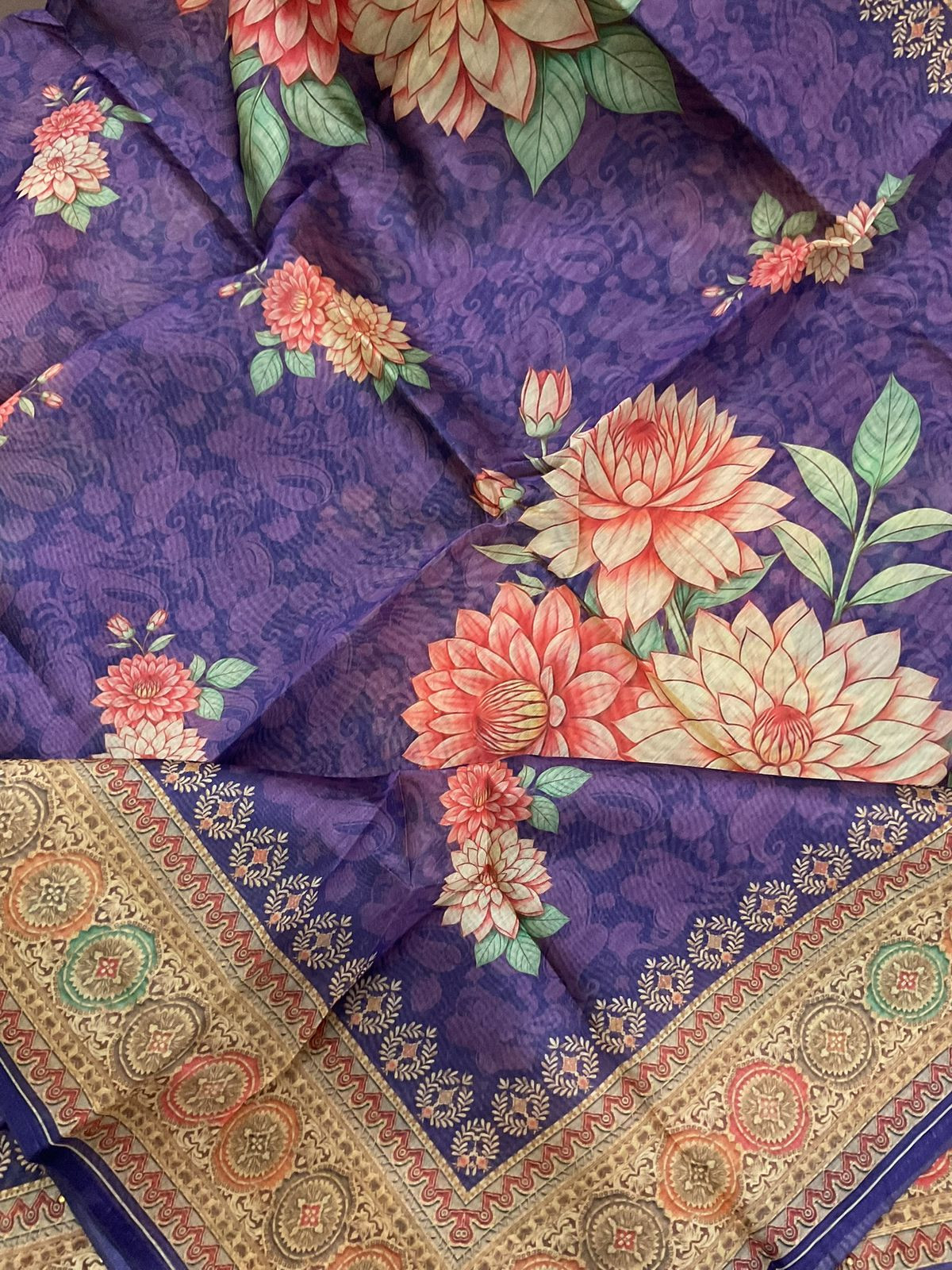 Soft Kora Chanderi Printed Embroidered Suit - Purple