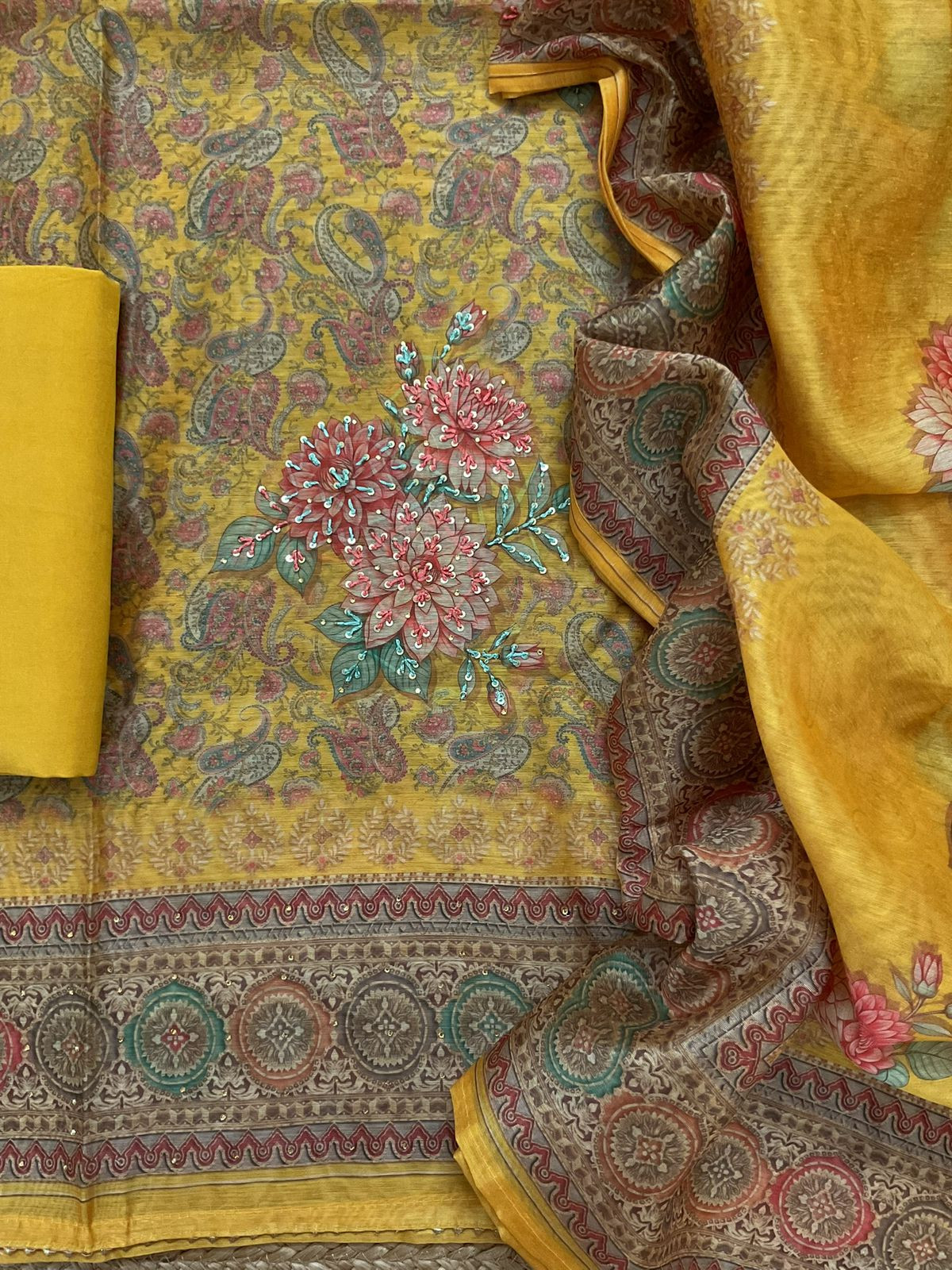 Soft Kora Chanderi Printed Embroidered Suit - Yellow