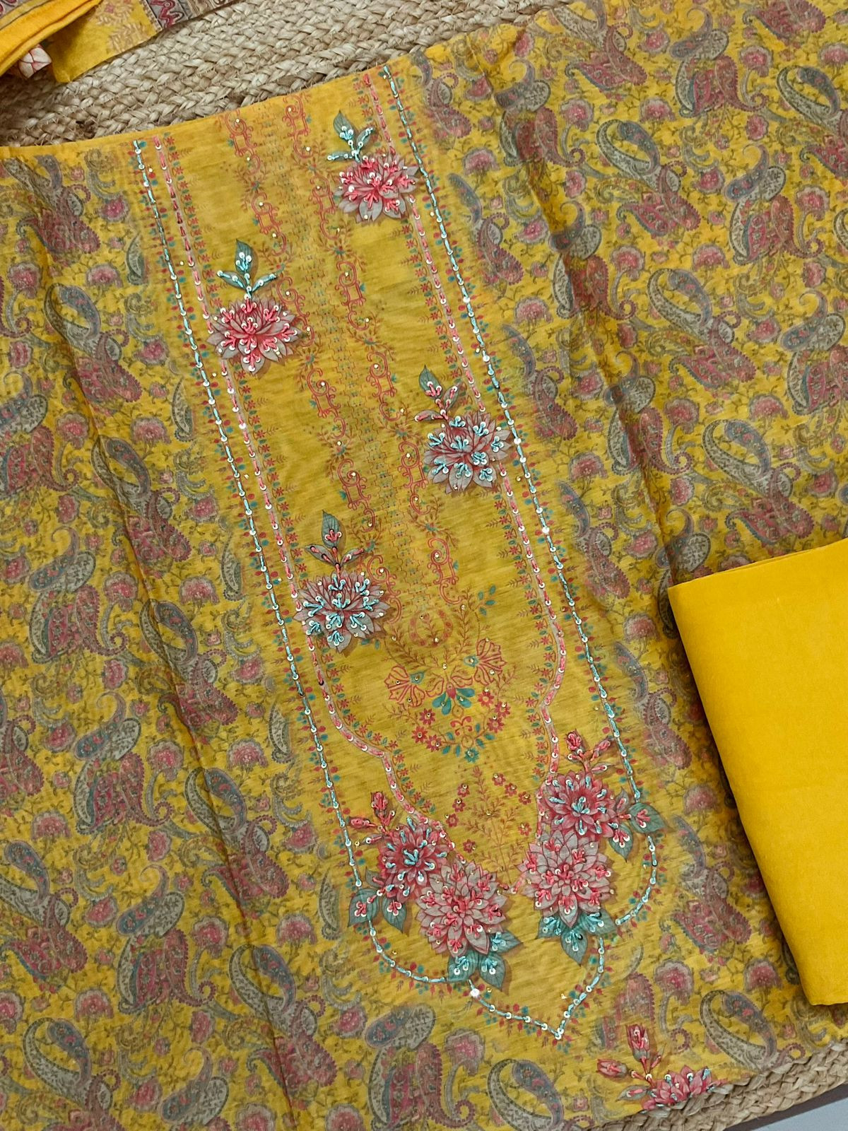Soft Kora Chanderi Printed Embroidered Suit - Yellow