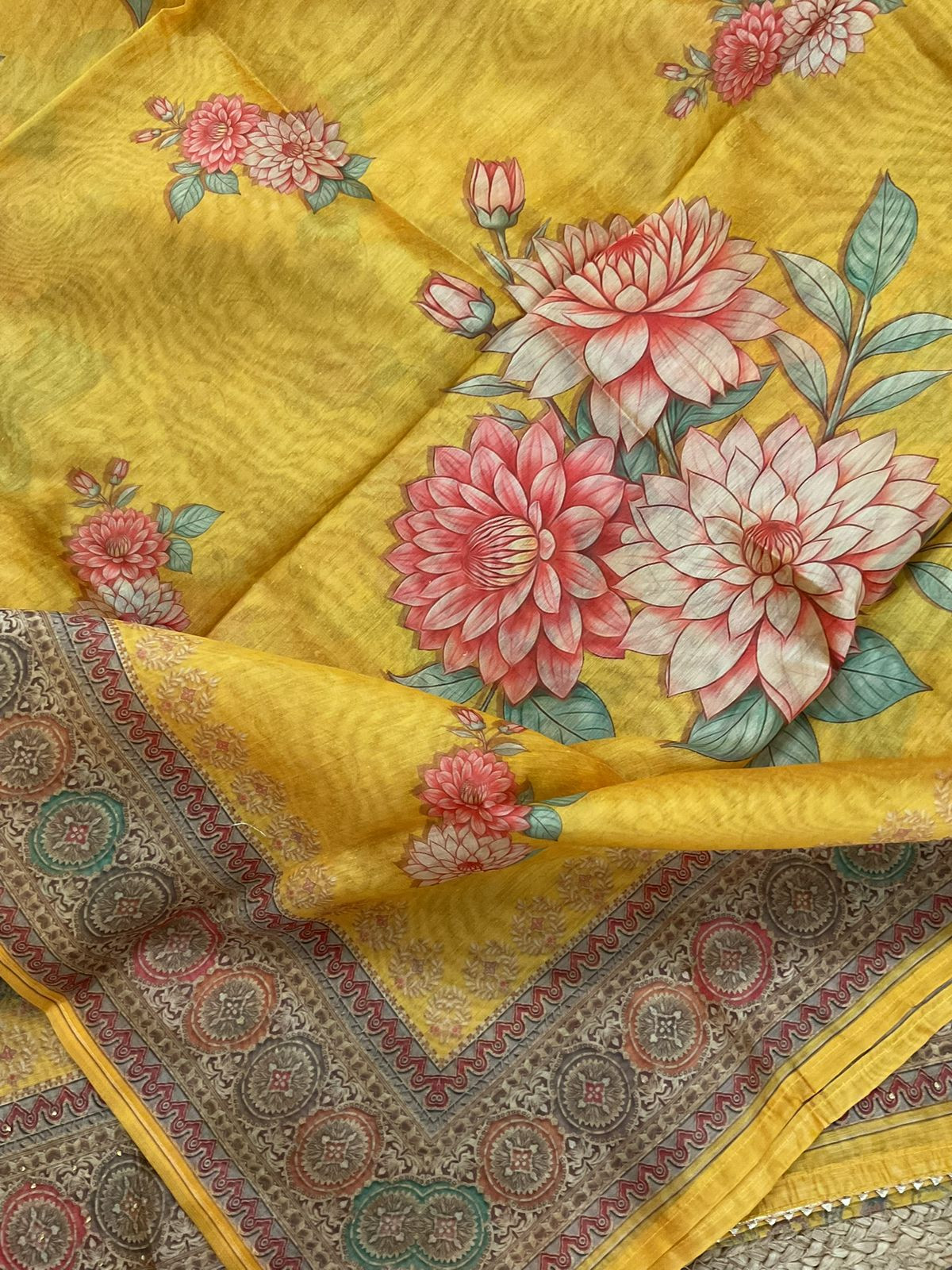 Soft Kora Chanderi Printed Embroidered Suit - Yellow