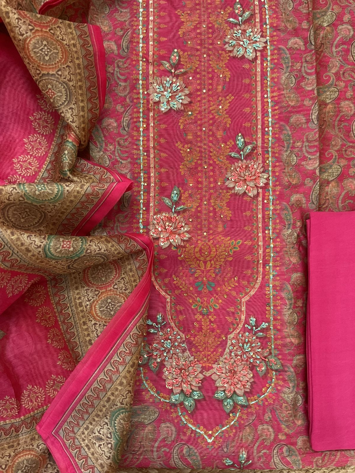 Soft Kora Chanderi Printed Embroidered Suit - Pink